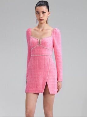 Self-Portrait Pink Tweed Boucle Diamanté Long-Sleeve Mini Dress with Front Slit